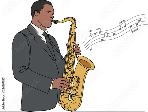 A musician playing a golden saxophone in a stylish suit, detailed vector illustration capturing the joy of jazz music and creativity