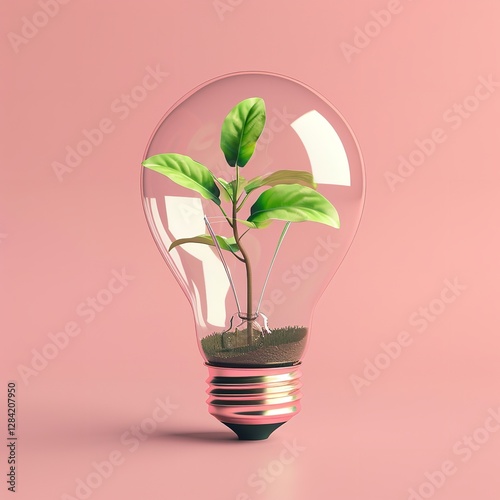 Isolated on a green backdrop with copy space, a 3D lamp contains a budding plant, Generative AI.