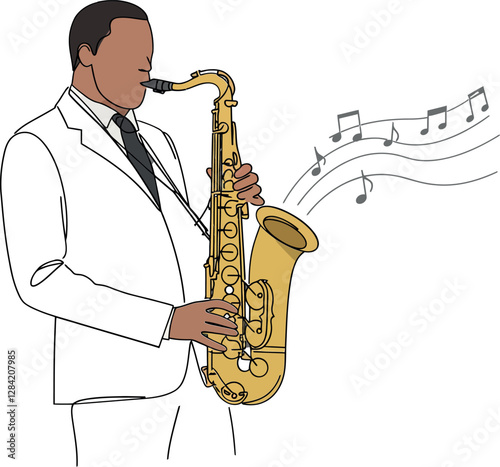 A musician in a white suit playing a golden saxophone with musical notes flowing in a lively flat vector illustration