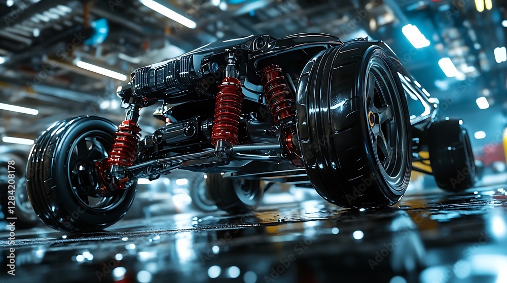 Fototapeta premium there is a black car with red wheels and a red suspension