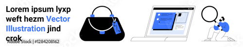 Black handbag with tags, open laptop showcasing a webpage, individual examining closely with magnifying glass. Ideal for retail, e-commerce, online shopping, research, analysis, marketing flat