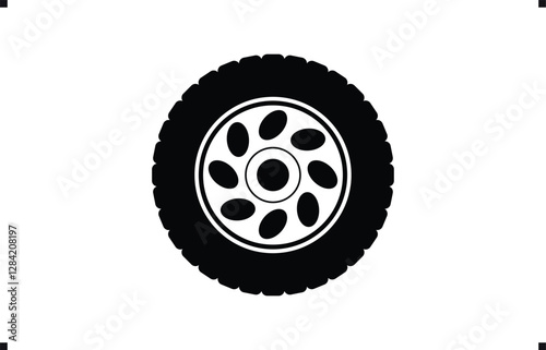 Black rubber wheel tire design. Wheel tires. Car tire tread tracks, Mini Van racing wheel mascot design. Tyres road maintenance vector automobile. Auto Van wheel tyre. Vector illustration rim design