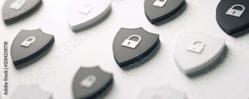 Multiple shields displaying padlock icons represent data security photo