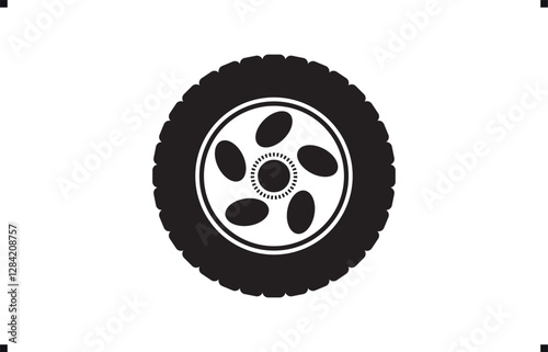 Black rubber wheel tire design. Wheel tires. Car tire tread tracks, Mini Van racing wheel mascot design. Tyres road maintenance vector automobile. Auto Van wheel tyre. Vector illustration rim design