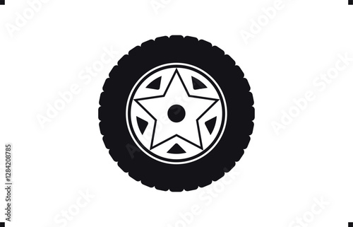 Black rubber wheel tire design. Wheel tires. Car tire tread tracks, Mini Van racing wheel mascot design. Tyres road maintenance vector automobile. Auto Van wheel tyre. Vector illustration rim design