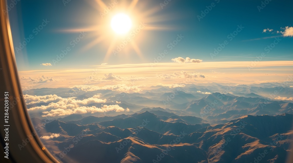 Aerial View of Sunlit Mountains from Airplane Window, Warm Autumn Colors, Generative AI. Aerial View of Sunlit Mountains from Airplane Window, Warm Autumn Colors, Generative AI.