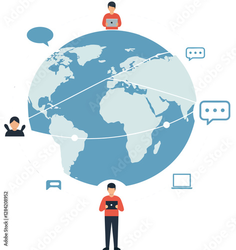 People engaging with technology while communicating across a global network in flat vector art