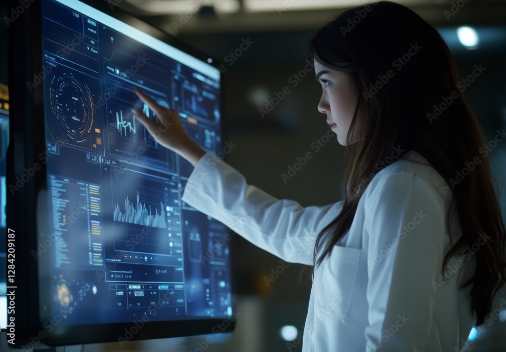 Woman using futuristic touchscreen technology Woman using futuristic touchscreen technology