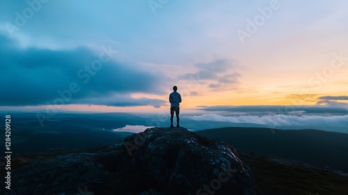 Silhouette of a lone person standing on a rocky cliff enjoying a breathtaking sunset view over the landscape : Generative AI