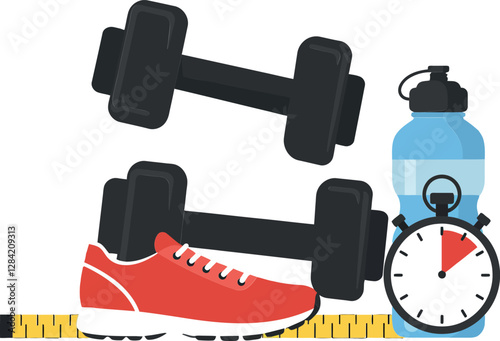 Fitness equipment setup with dumbbells, running shoes, water bottle, and stopwatch in a minimal flat design vector illustration