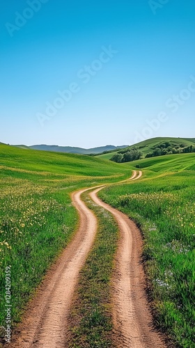 Curving Dirt Road Through Lush Green Fields Under a Clear Blue Sky in a Seren...