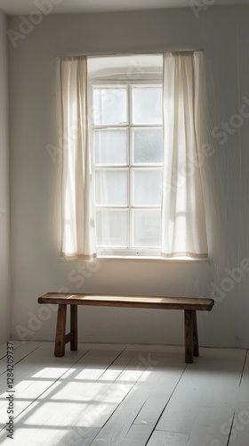 Natural Light Streaming Through a Window Casts Shadows on a Wooden Bench in a...