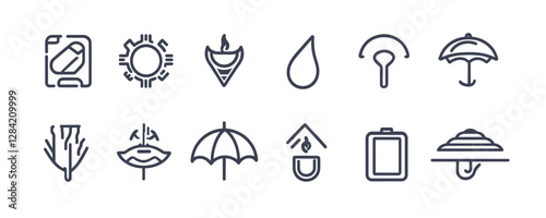 Flat linear weather icons set featuring umbrellas, suns, raindrops, and weather instruments.