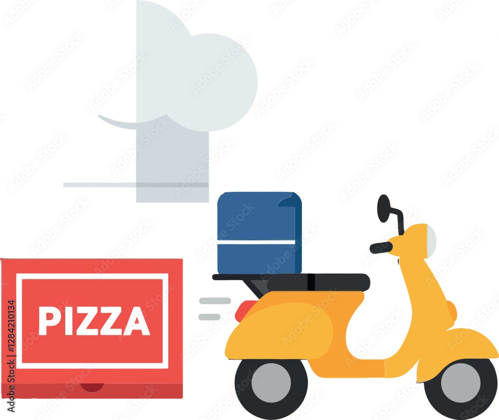 Delivery scooter with a blue box and pizza box nearby in a flat vector illustration showcasing quick service and urban lifestyle Delivery scooter with a blue box and pizza box nearby in a flat vector illustration showcasing quick service and urban lifestyle