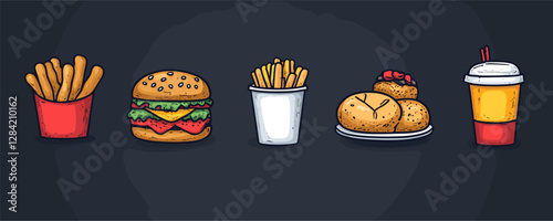 Fast food icons set in linear style vector - flat illustrations of burgers, fries, and drinks.