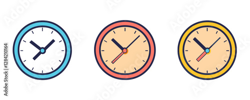Flat linear icons set of colorful clock designs.