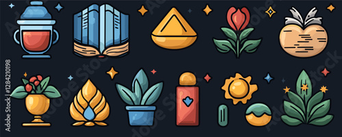 Flat icon set with colorful natural and geometric elements in vector.