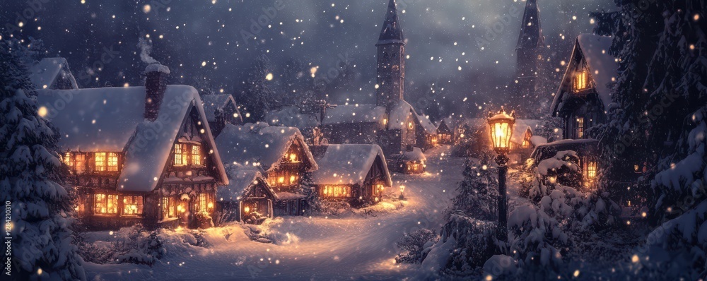 Fototapeta premium Cozy snowy village scene with warmly lit homes at night