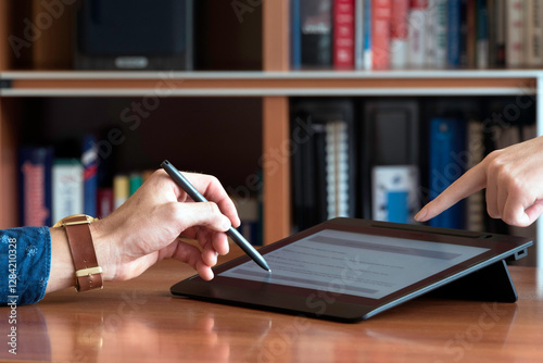 Close-up of two hands interacting with a digital signature pad. One person holds a stylus to sign, while the other points at the screen. Business and technology concept.