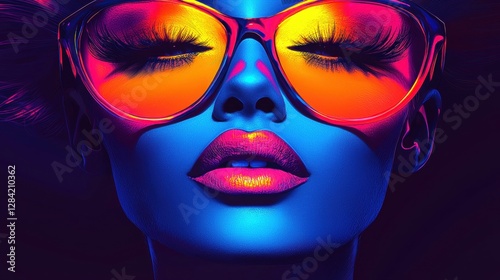 Woman with Neon Sunglasses and Glamorous Lashes Fashionable Contemporary Vibrant Color Palette photo