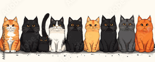 Flat vector icons set of cute cats in various colors and poses.