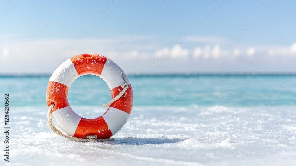 Naklejka premium Life preserver on snowy beach, calm sea background, safety concept
