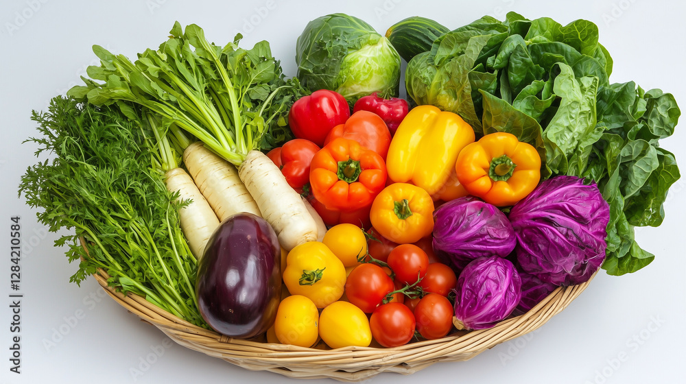 Fototapeta premium Basket of fresh vegetables including tomatoes, peppers, cabbage, broccoli, cucumbers, carrots, onions, garlic, and lettuce isolated on white background