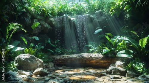 Sunbeams illuminate a lush, tranquil waterfall cascading over rocks into a serene stream, surrounded by vibrant green tropical foliage.