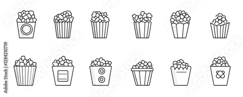 Flat linear popcorn icons set - variety of snack containers in vector style.