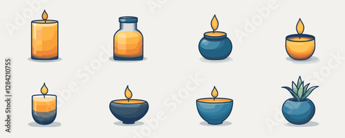 Flat icon set of decorative candle and plant vectors in various holders.