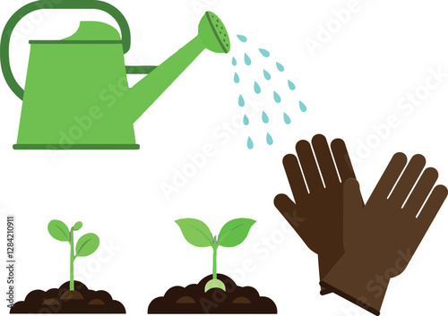 Green watering can pouring water on young plants with gardening gloves in a flat vector illustration showcasing gardening activities and natures nurturing spirit