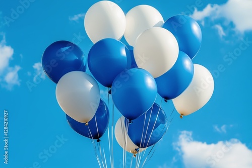 Colorful Balloons Floating Against a Bright Blue Sky on a Sunny Day With a Fe...