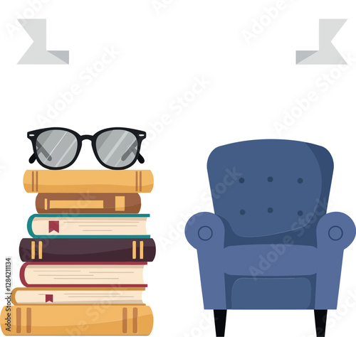 Cozy reading nook featuring a stack of colorful books and a comfortable blue armchair in flat vector illustration