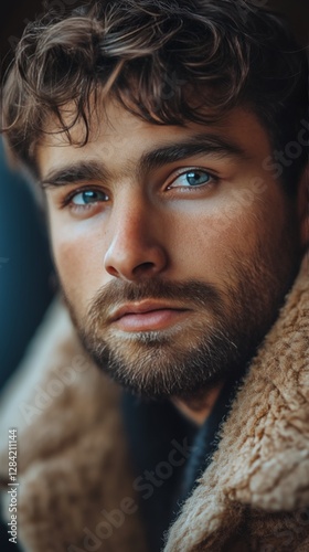 Young Man With Blue Eyes Wearing Cozy Coat Indoors Enjoying a Tranquil Moment