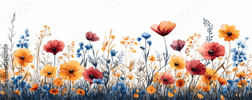 Flat floral icons set with colorful wildflowers in linear vector style.