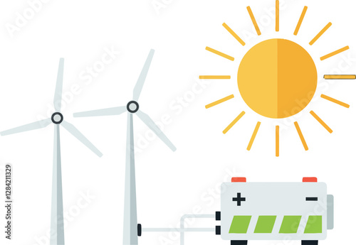 Wind turbines generating renewable energy beside a solar battery under a bright sun in flat vector illustration