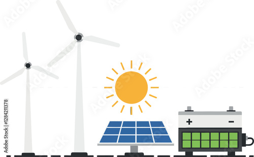 Renewable energy landscape with wind turbines, solar panels, and a battery in a flat vector illustration showcasing sustainability and clean technology