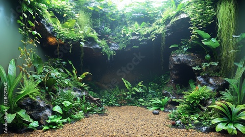 Lush, vibrant indoor jungle scene with diverse plants, rocks, and gravel ground.