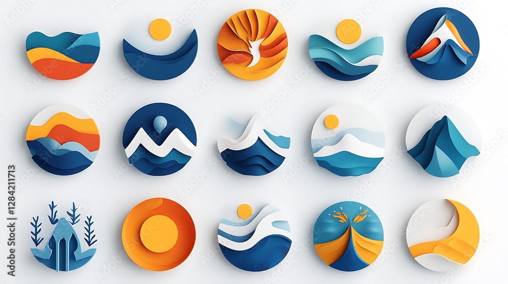 Vibrant 3D Rendered Landscape Icons: Sun, Mountains, and Waves Collection AI Generated Vibrant 3D Rendered Landscape Icons: Sun, Mountains, and Waves Collection AI Generated