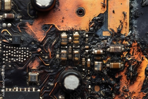 Damaged Circuit Board Macro Revealing Burnt Components and Broken Traces