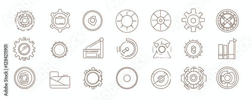 Flat linear icons set of gears and mechanisms in a minimalist vector style.
