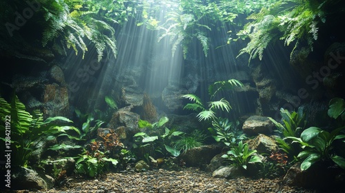 Sunbeams illuminate lush green ferns and plants growing amongst rocks in a mystical forest scene.