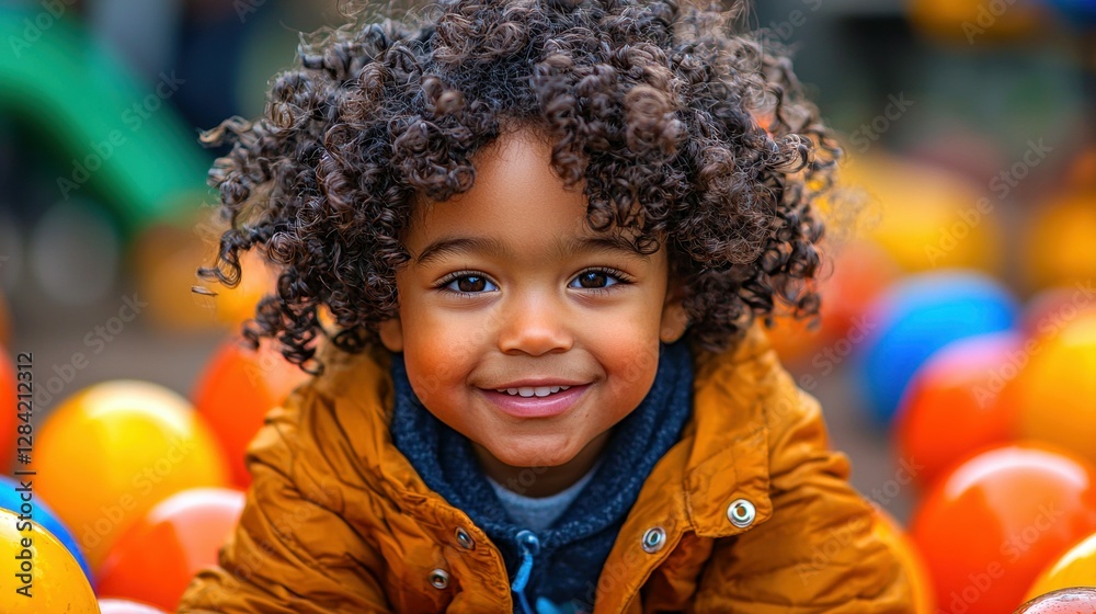 Smiling Boy with Curly Hair Surrounded by Colorful Balls in a Vibrant Outdoor Scene Portrait Smiling Boy with Curly Hair Surrounded by Colorful Balls in a Vibrant Outdoor Scene Portrait