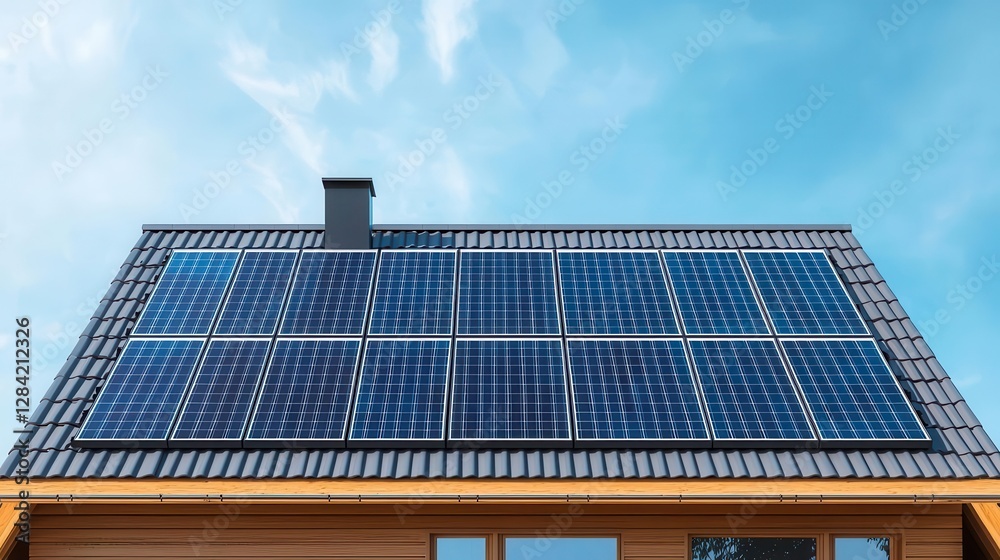 Naklejka premium Modern luxury bungalow surrounded by solar panel fences, Single Detached House Luxury Home Energy Efficiency, integrated energy solutions