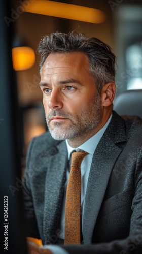 Focused Professional Working Late at a Modern Office With Ambient Lighting