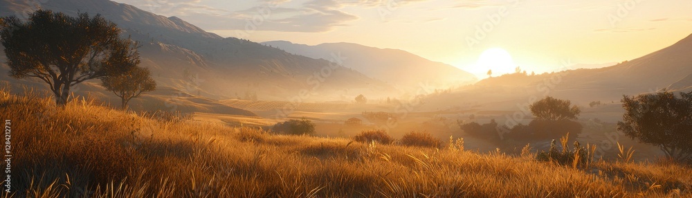 Serene Golden Hour Valley Landscape Capturing Sunlit Fields and Misty Mountains Ambience at Dusk Light