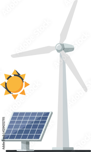Renewable energy sources featuring a wind turbine and solar panel in a flat design vector art