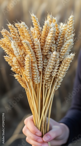 Wheat Harvest Held in Golden Fields During Late Afternoon Sunlight With Hands...