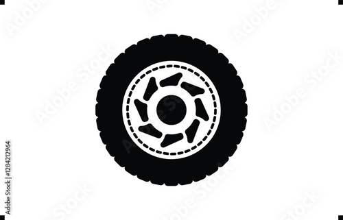 Black rubber wheel tire design. Wheel tires. Car tire tread tracks, Mini Van racing wheel mascot design. Tyres road maintenance vector automobile. Auto Van wheel tyre. Vector illustration rim design