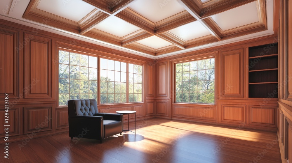 Fototapeta premium Elegant wooden interior of a spacious room with large windows and natural light, showcasing a cozy chair